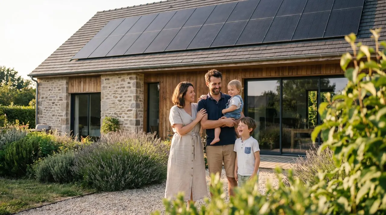 Famille devant sa maison equipee de panneaux solaires