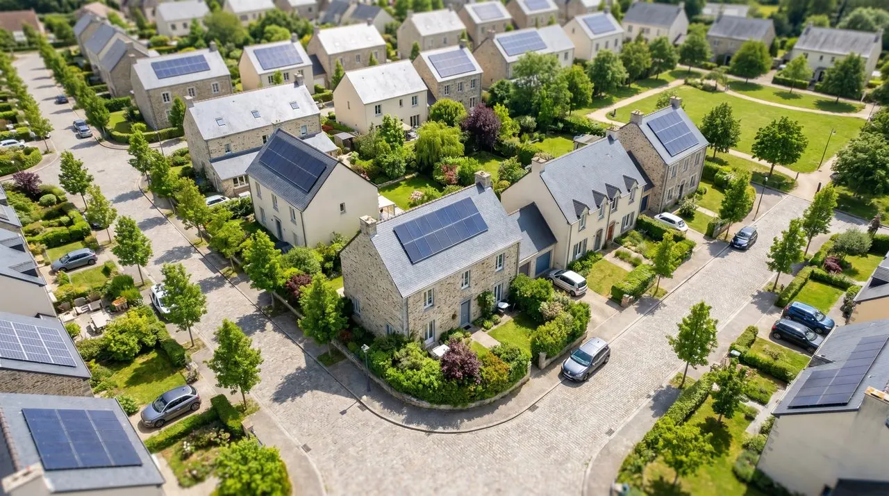 Vue aerienne de maisons avec panneaux solaires