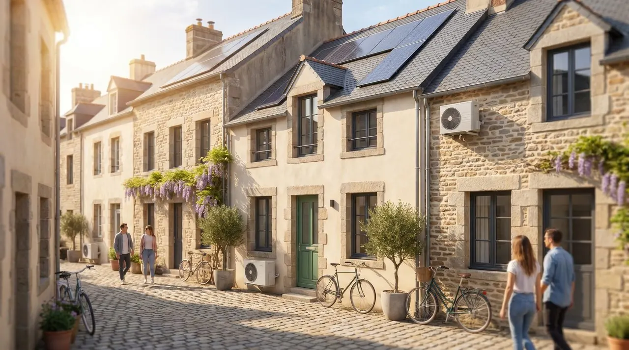 Rue de maisons renovees avec panneaux solaires